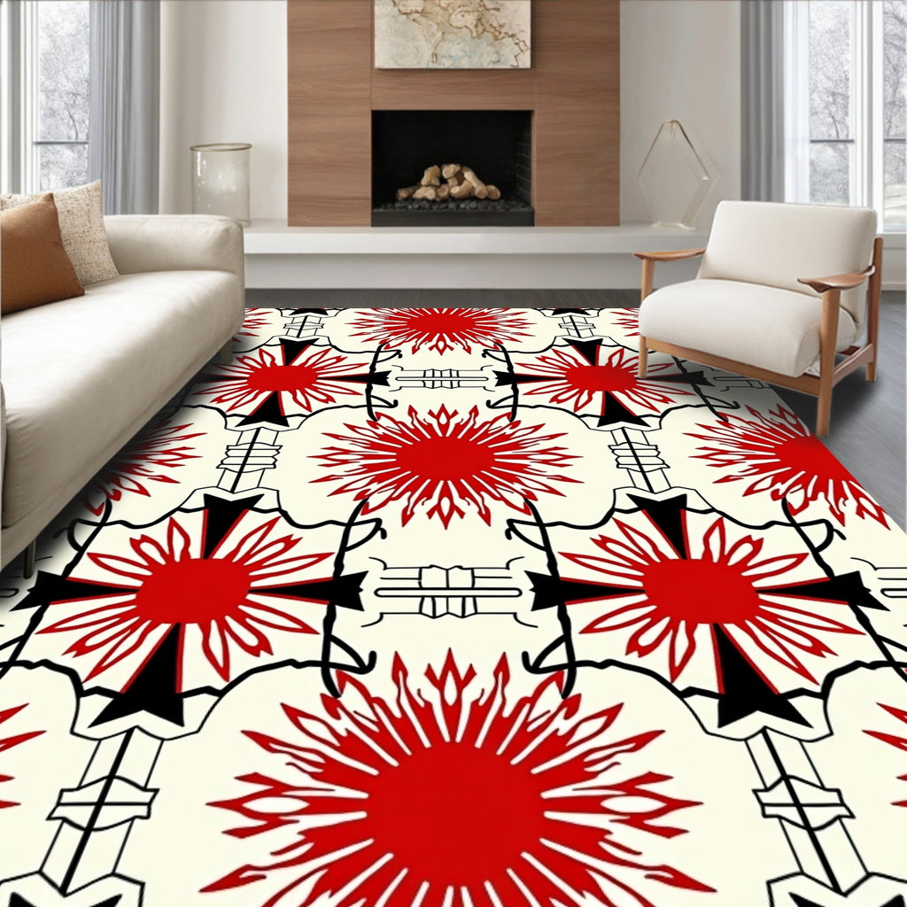 Bold Red Sunburst Geometric Arrangement Rug