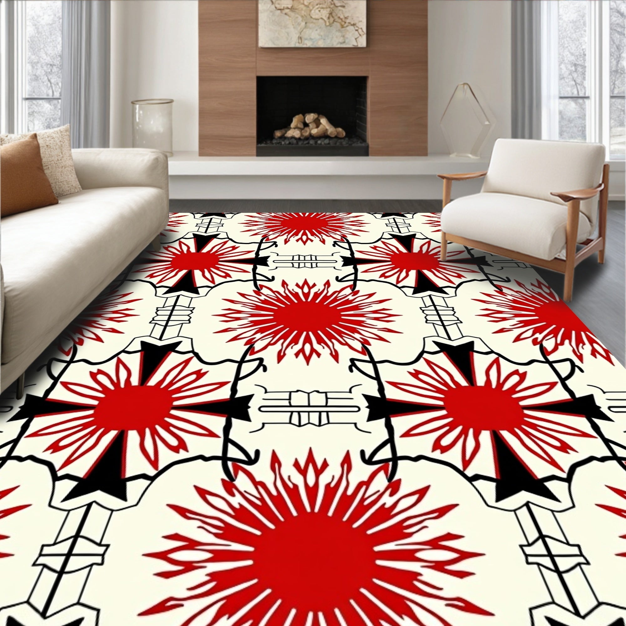 Bold Red Sunburst Geometric Arrangement Rug