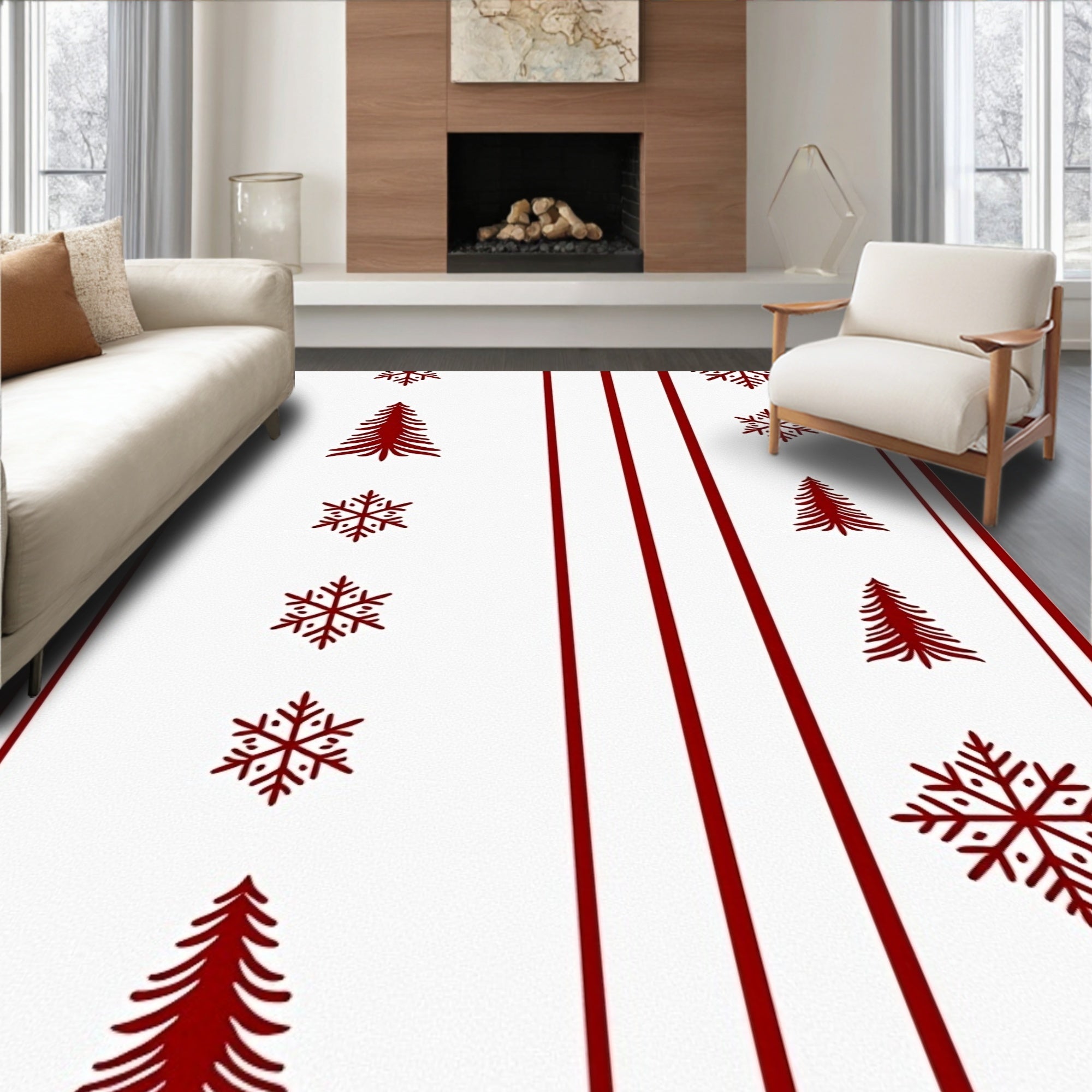 Rustic Red Stripe Pine Snowflakes Rug
