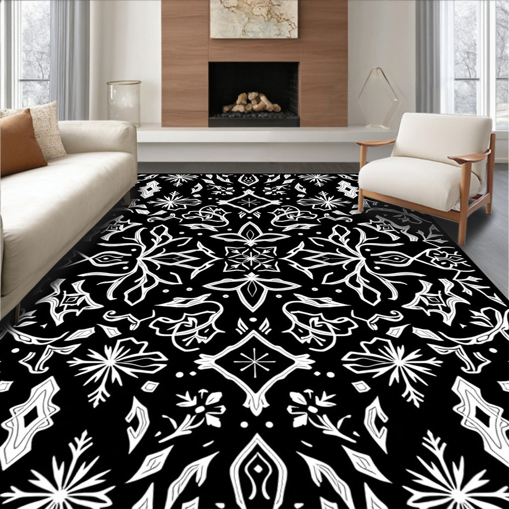 Black White Floral Art Nouveau Rug