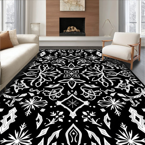 Black White Floral Art Nouveau Rug