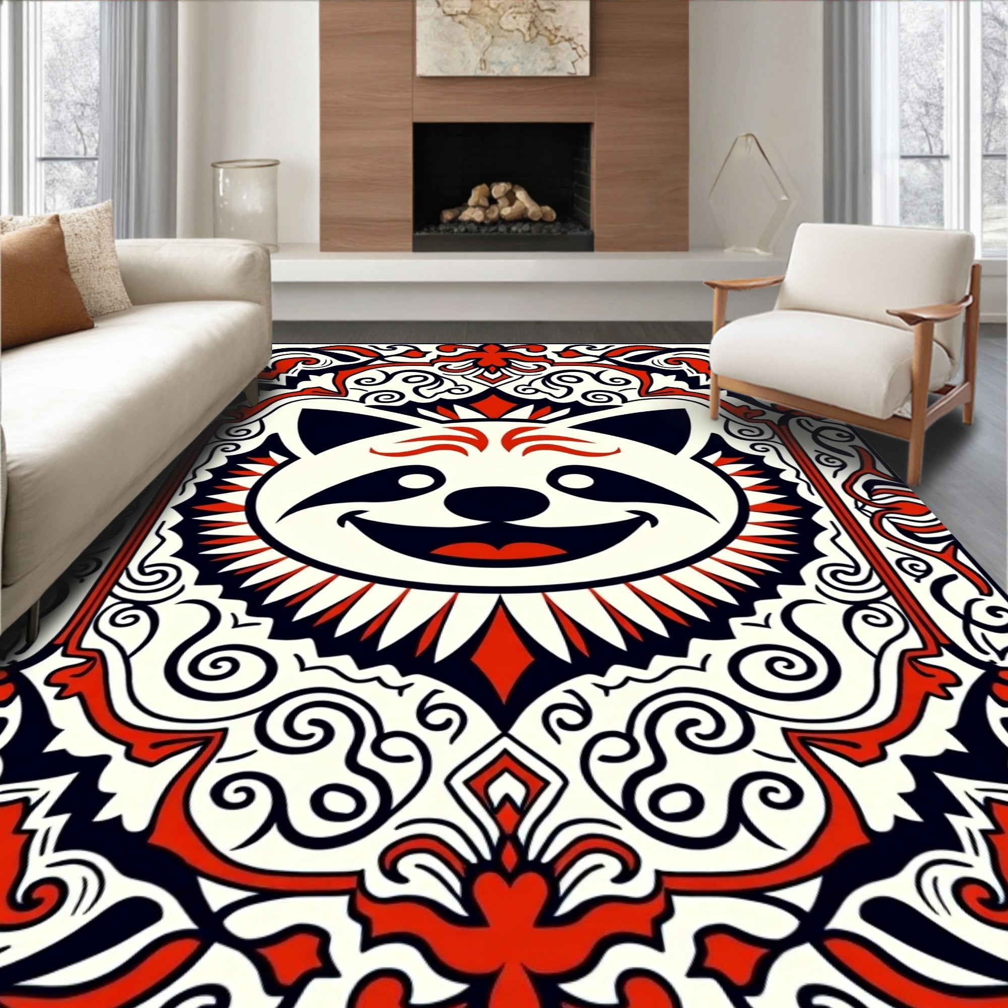 Joyful Raccoon Floral Crest Ivory Rug