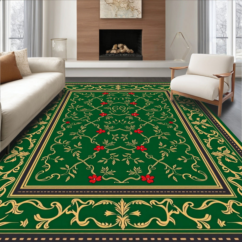 Art Deco Emerald Green Floral Scroll Rug
