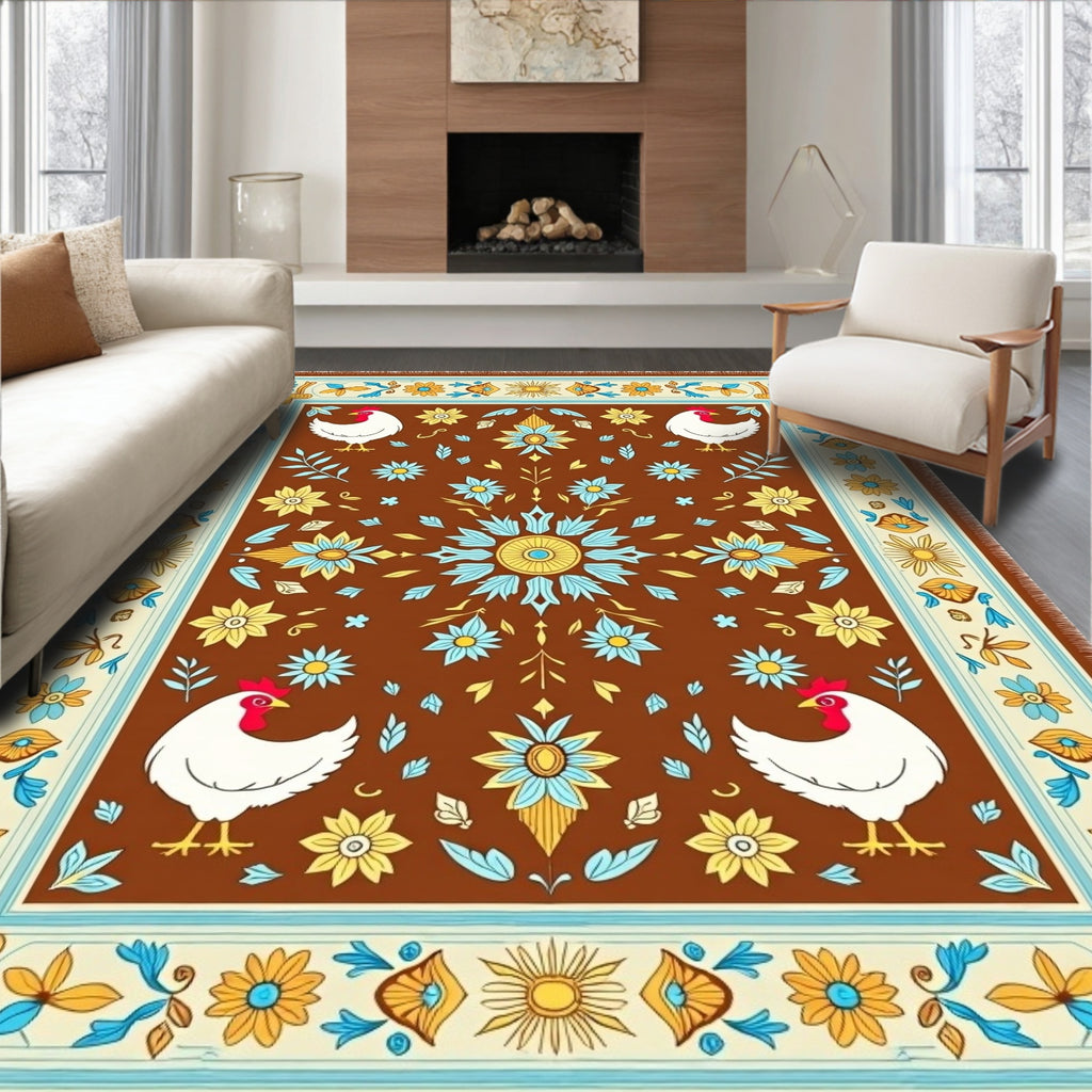 Brown Floral Chicken Folk Art Rug