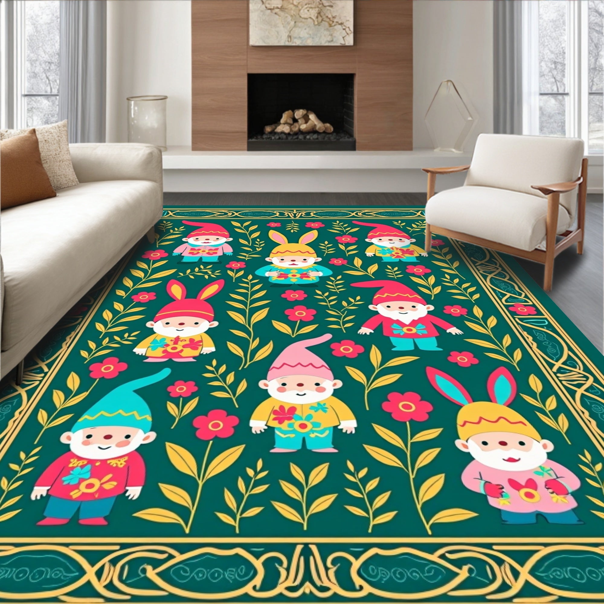 Whimsical Gnome Floral Spring Garden Rug