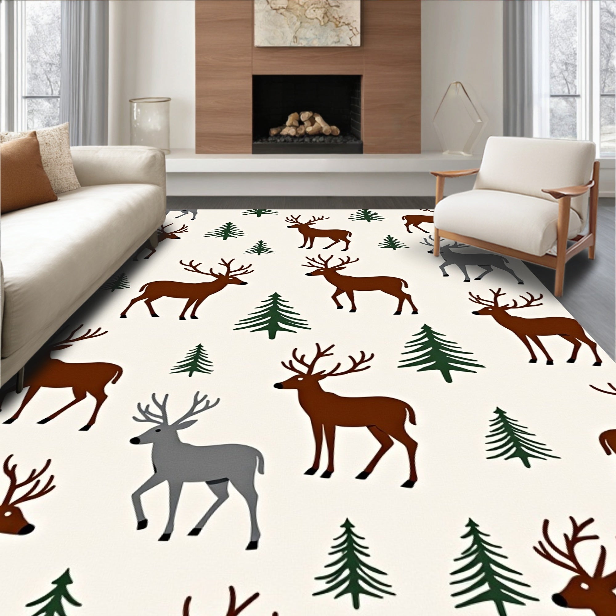 Brown Deer Wooded Landscape Rug