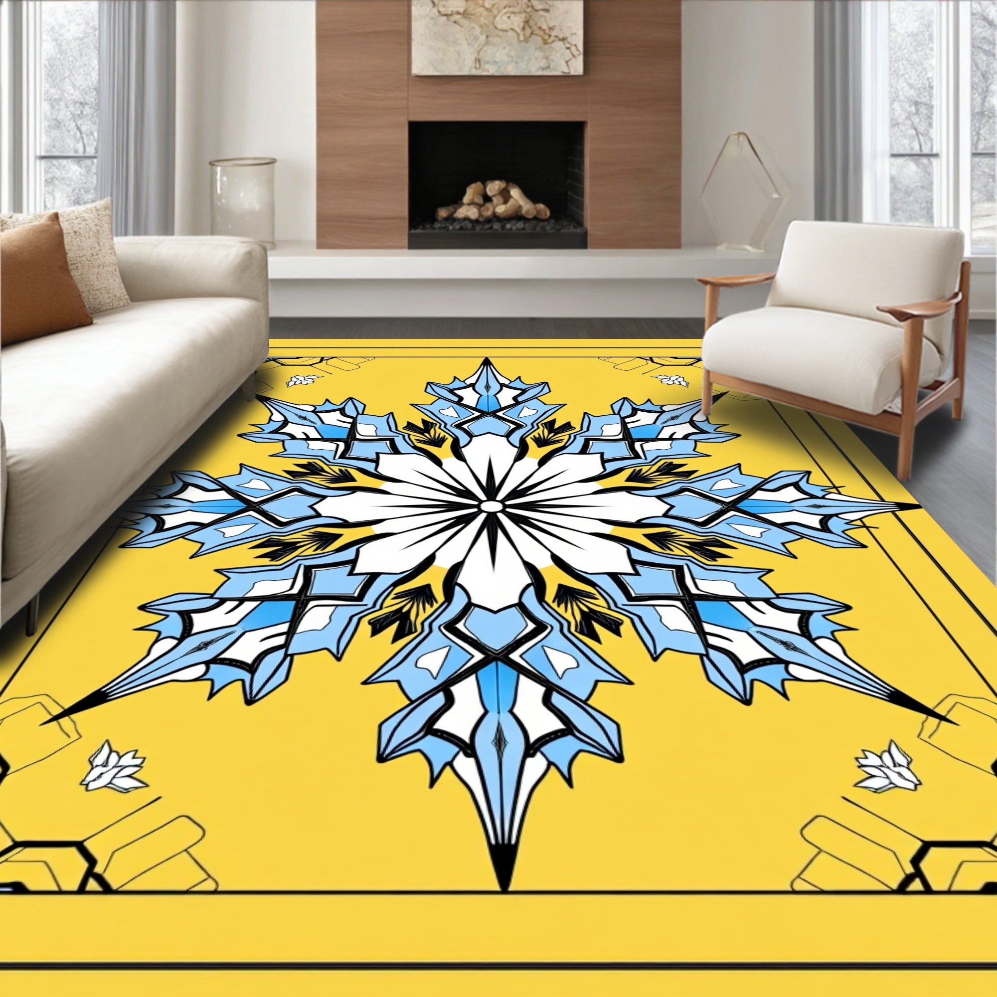 Striking Yellow Blue Starburst Mandala Rug
