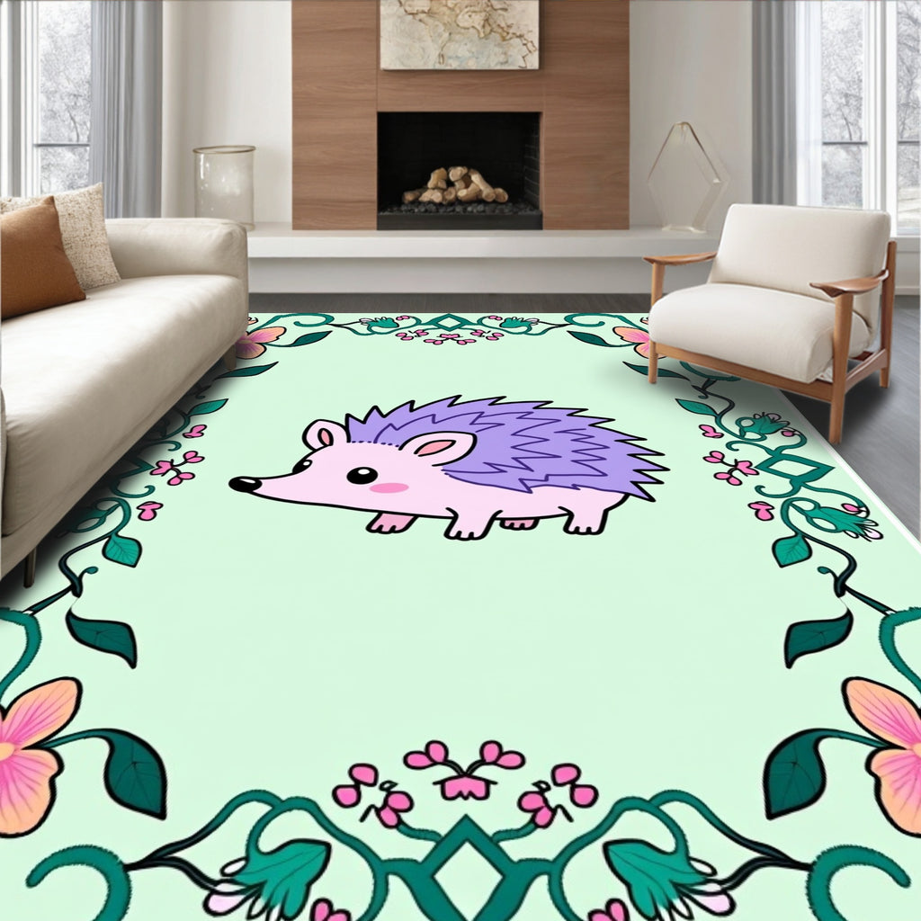Whimsical Purple Hedgehog Floral Frame Rug