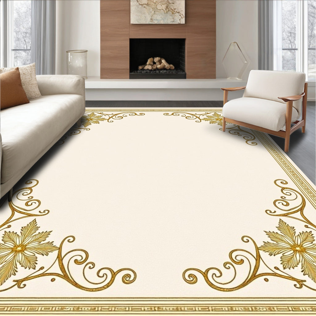 Golden Leafy Swirl Border Rug