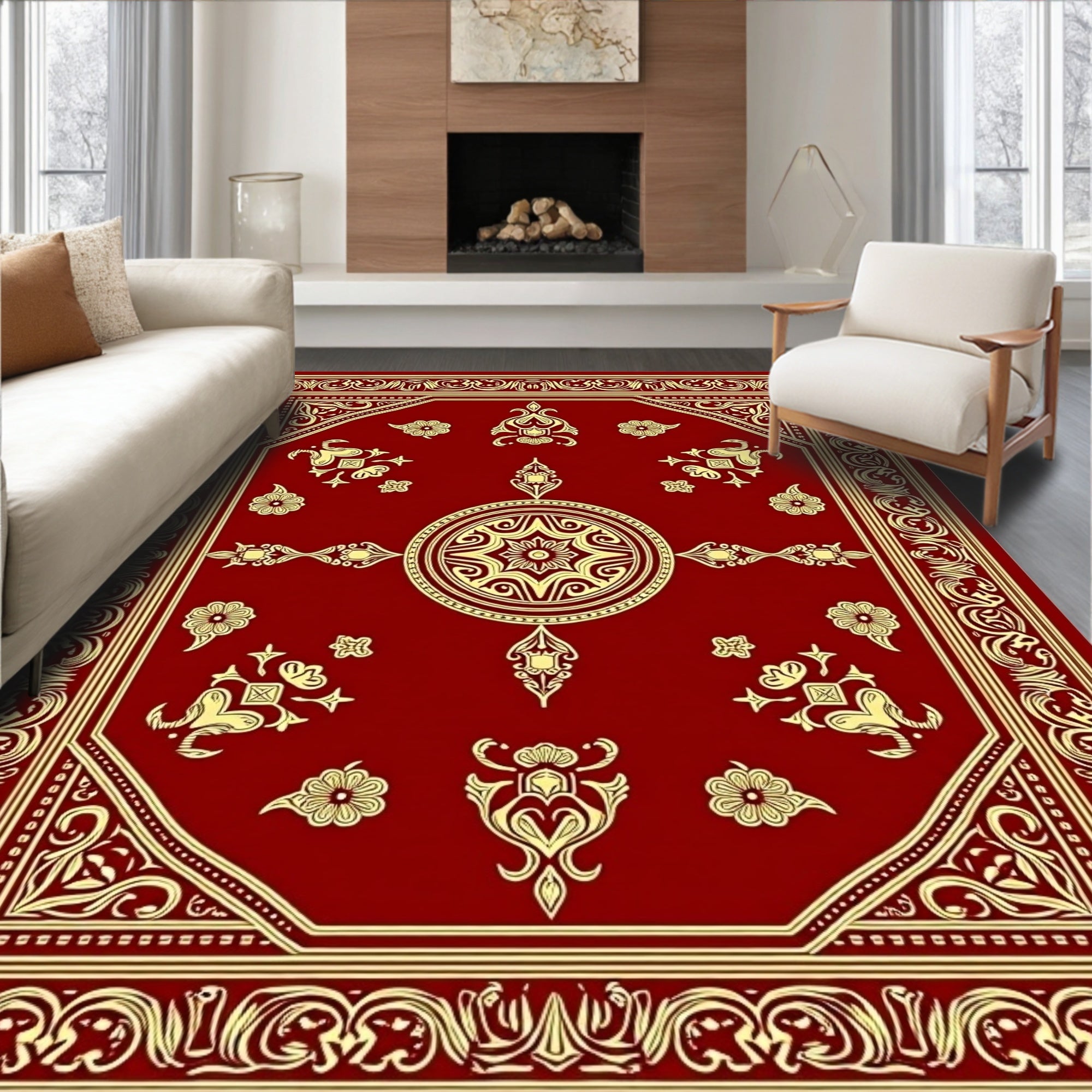 Crimson Gold Ornate Floral Medallion Rug