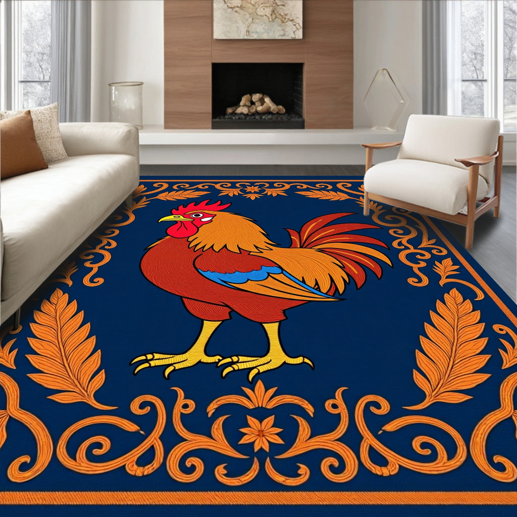 Ornate Rooster Navy Border Rug