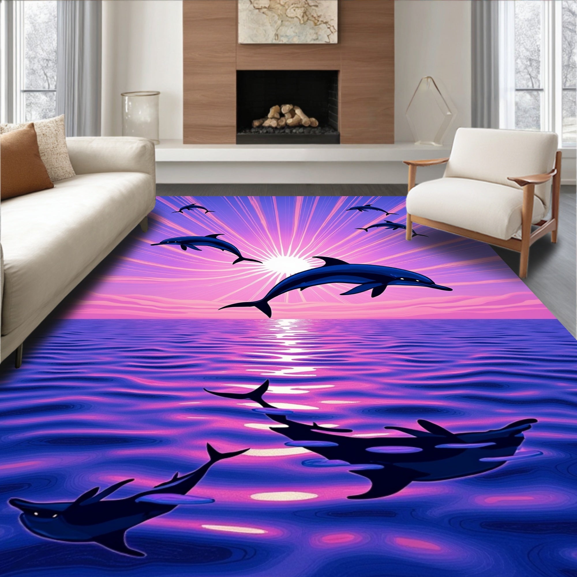 Jumping Dolphins Ocean Sunset Aura Rug