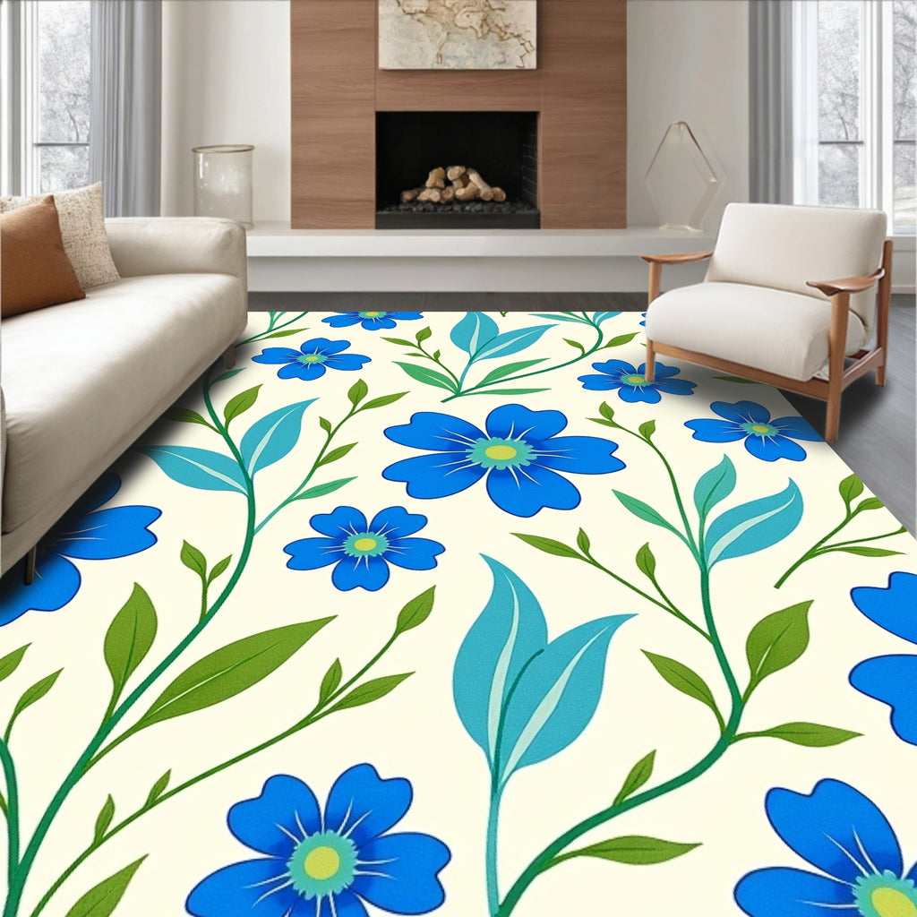 Blue Floral Vine Whimsical Botanical Rug