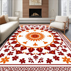 Crimson Orange Floral Medallion Border Rug