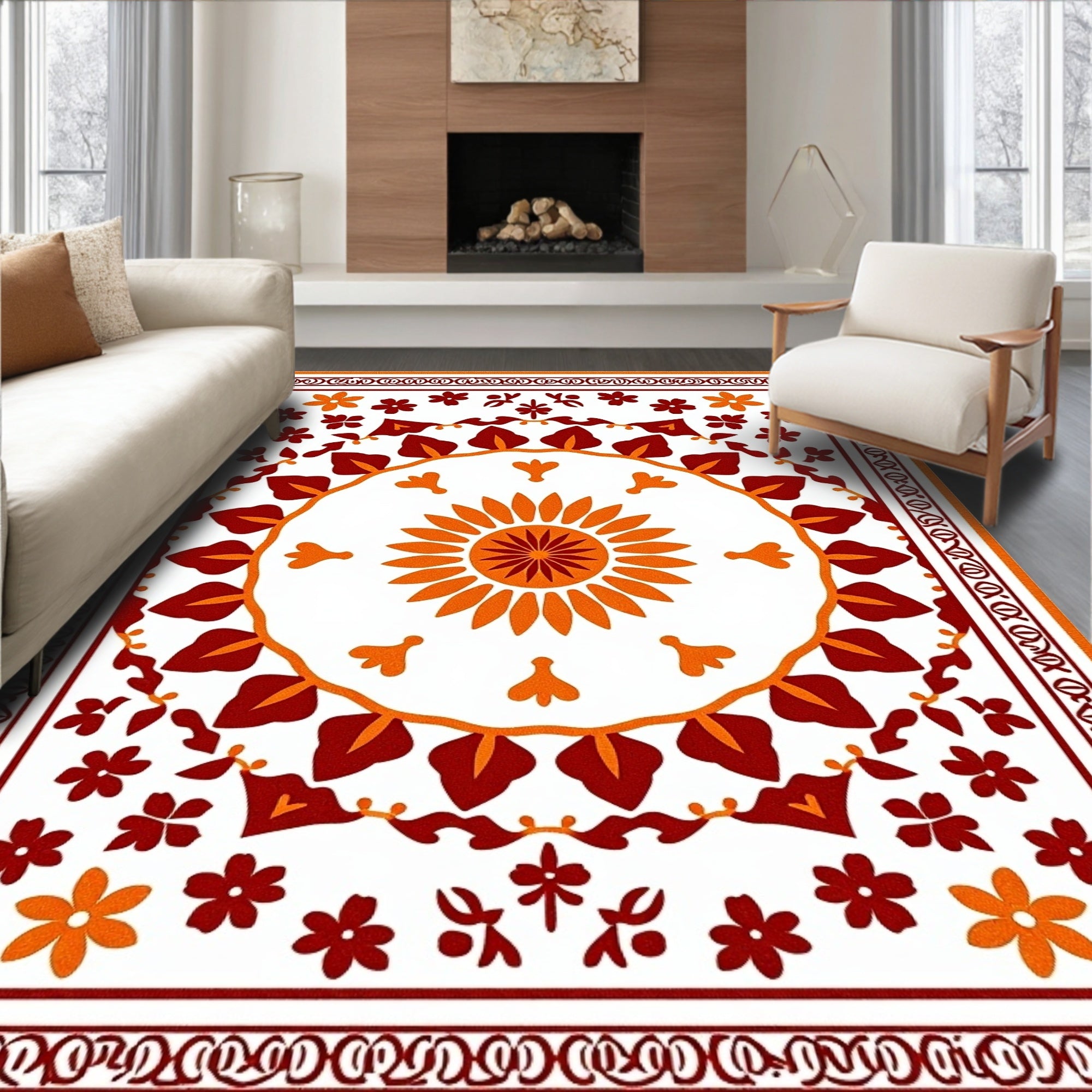 Crimson Orange Floral Medallion Border Rug