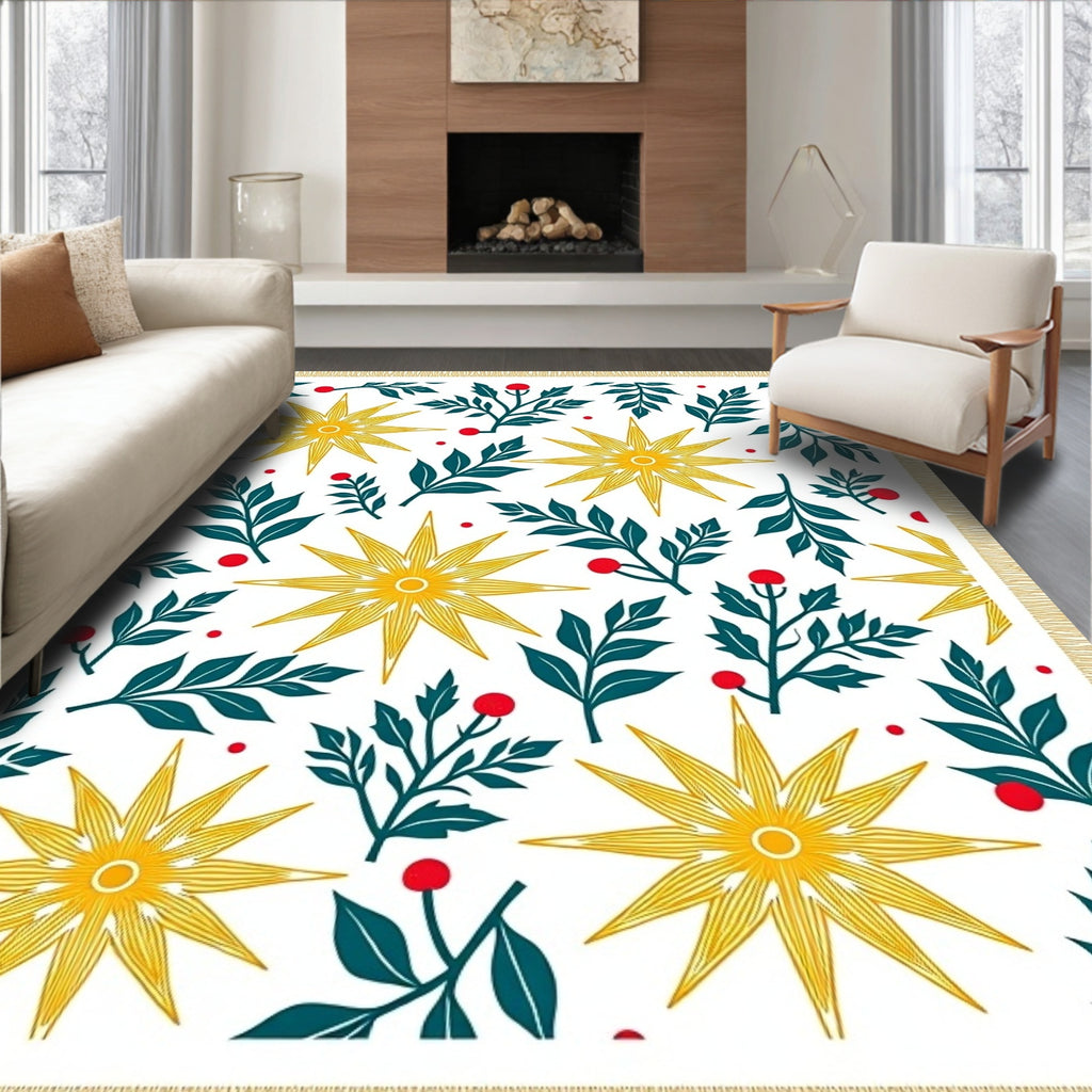 Golden Starbursts Teal Foliage Red Berries Rug