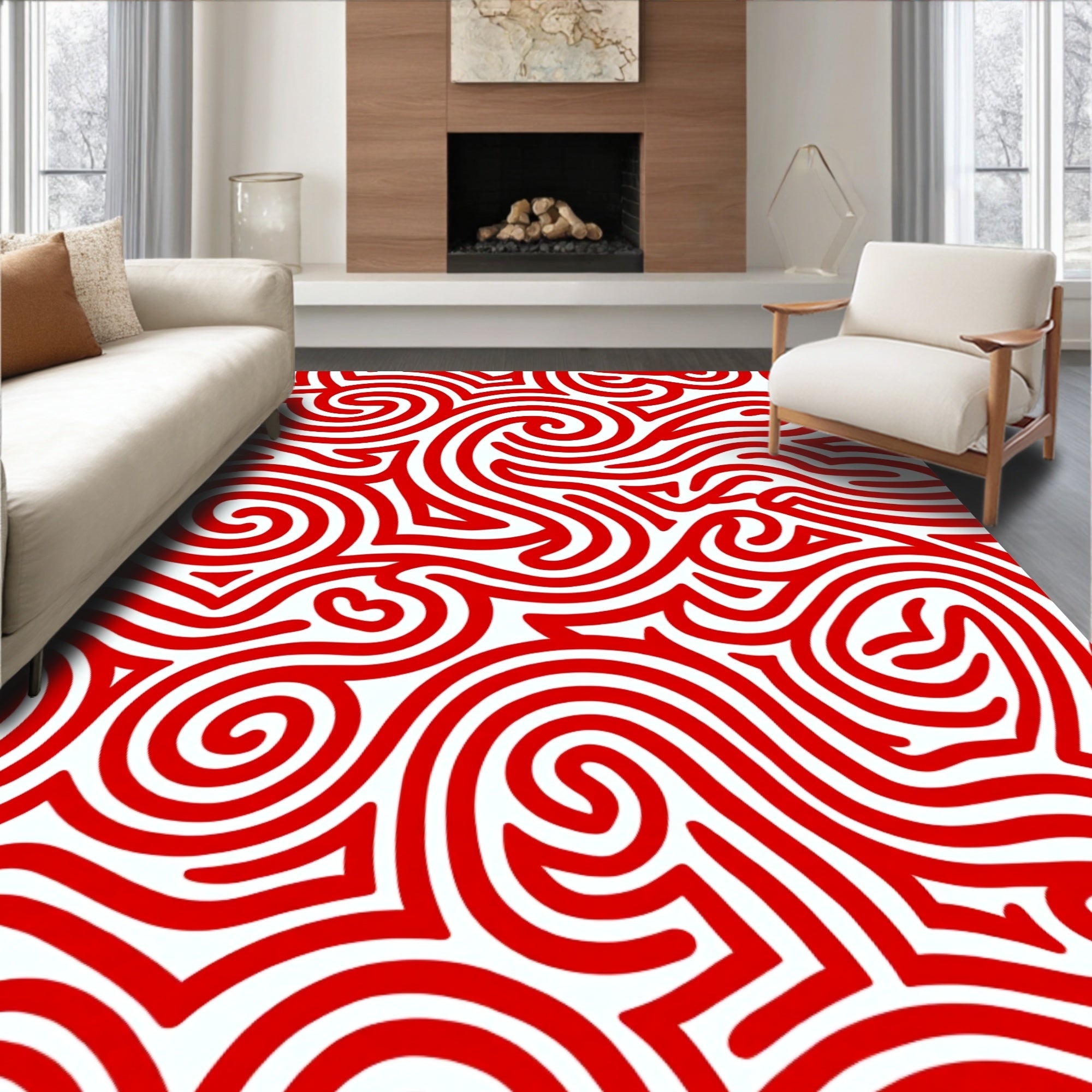 Bold Red Swirling Lines Rug