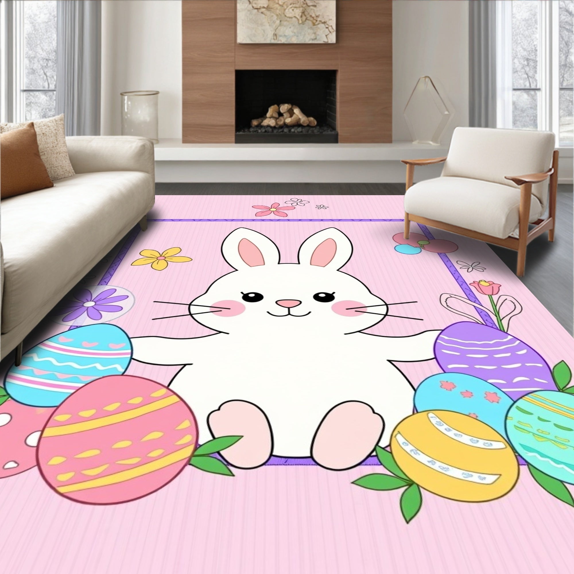 Cute Bunny With Easter Eggs Rug