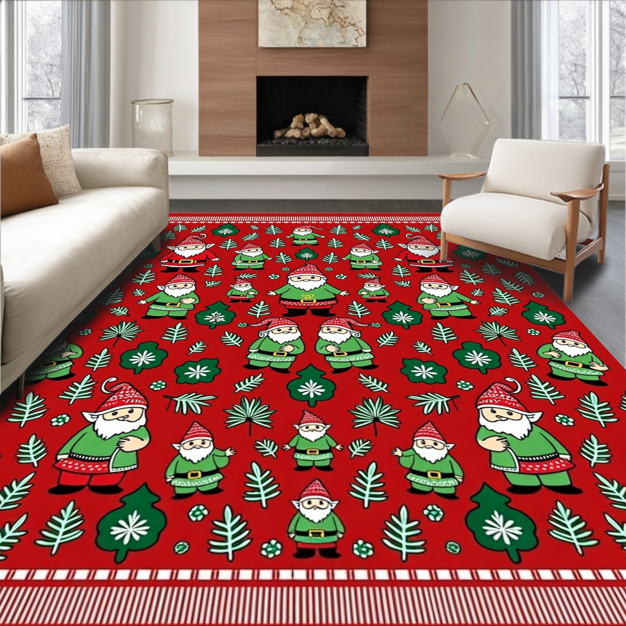 Red Festive Gnome Woodland Scene Rug
