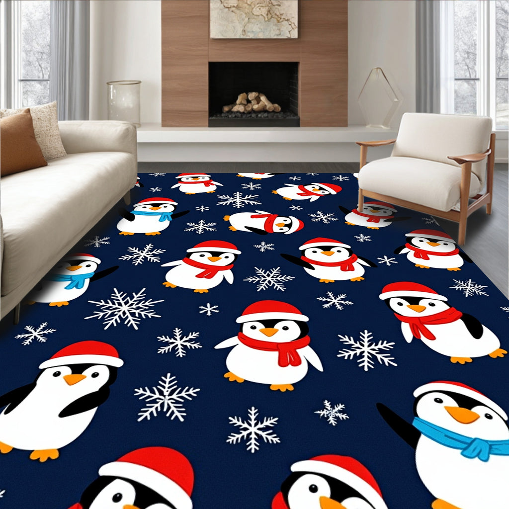 Festive Penguin Snowflakes Navy Background Rug