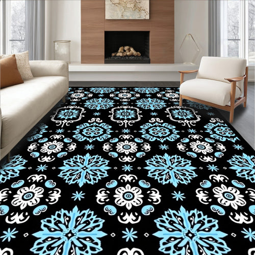 Black Sky Blue Floral Mandala Rug