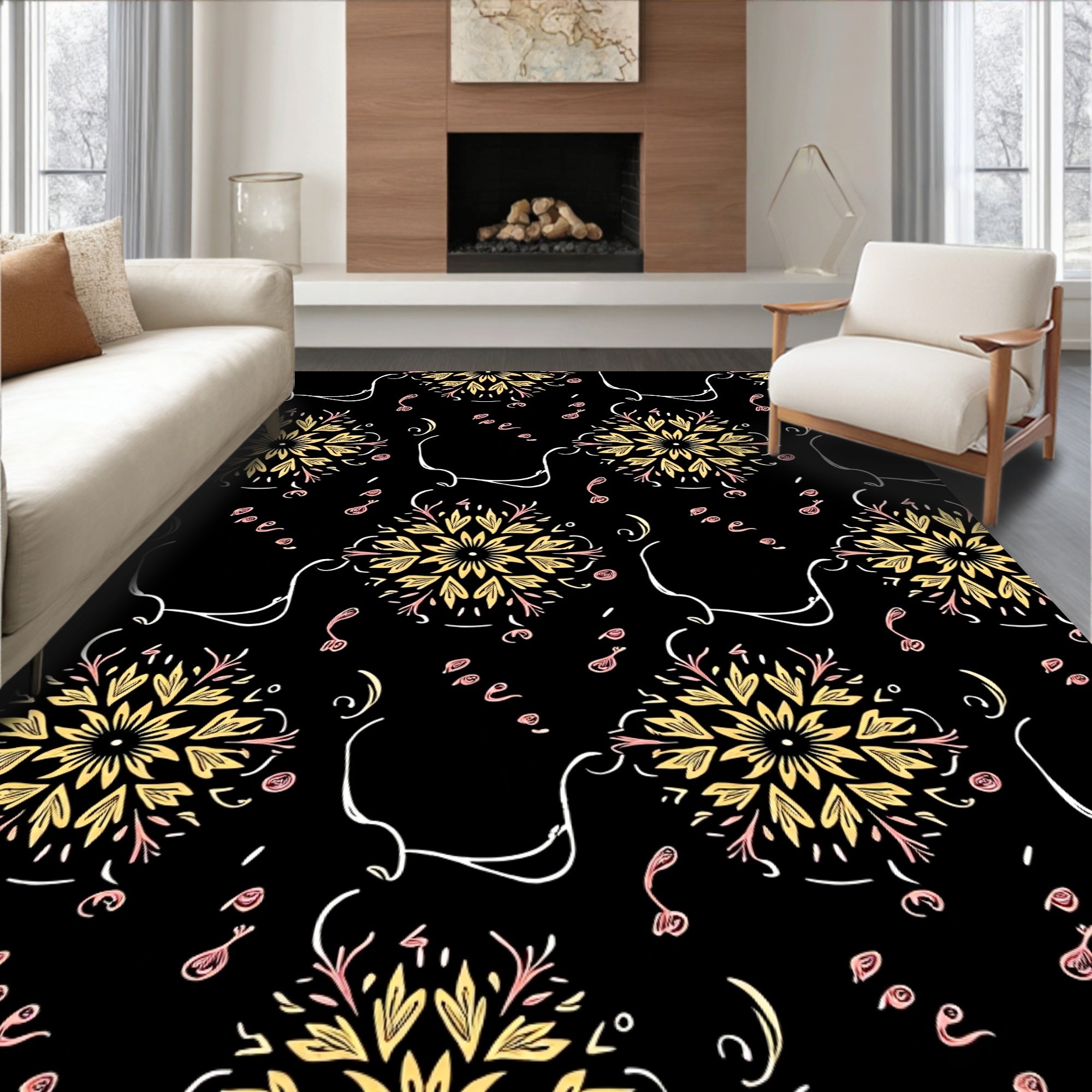 Golden Floral Medallion With Pink Accents Rug