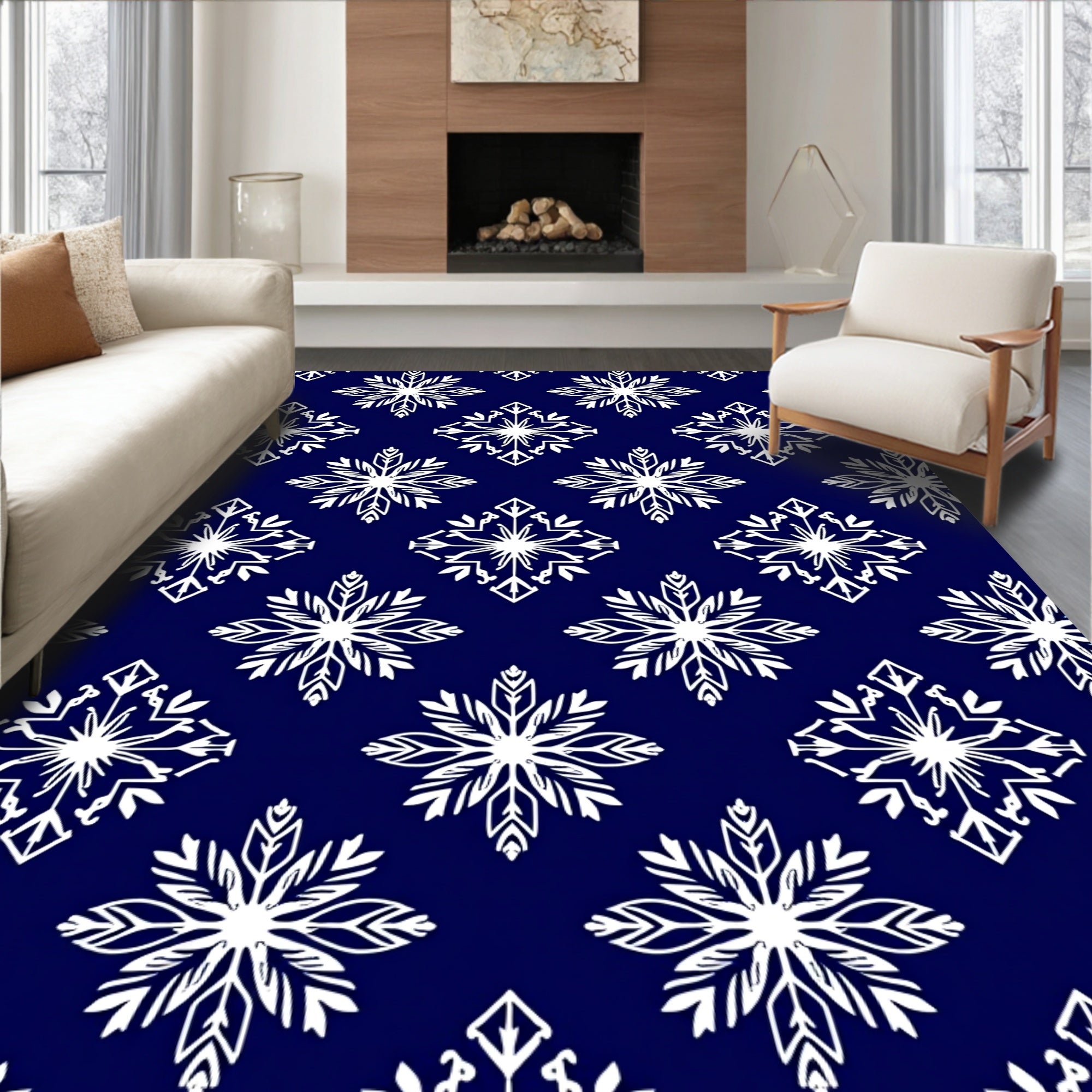 Classic White Snowflake Navy Blue Rug