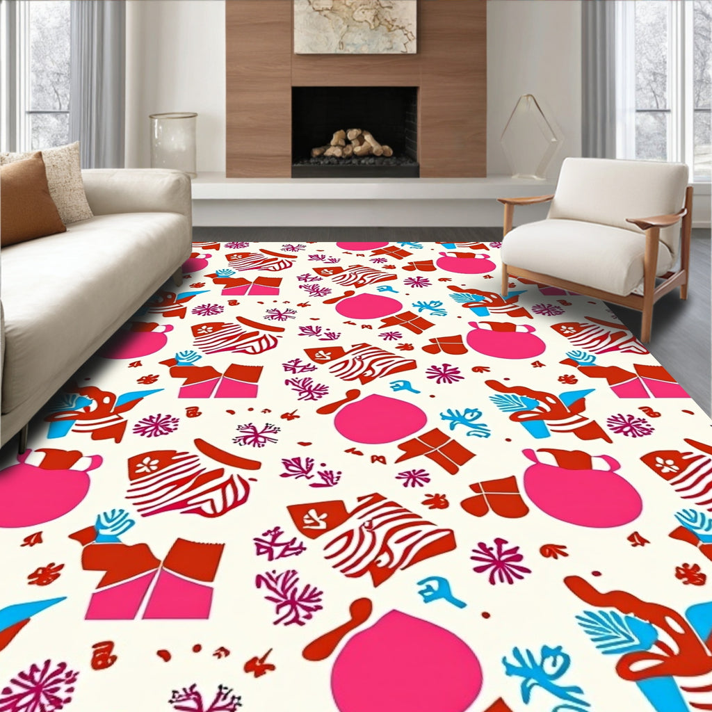 Vibrant Red Blue Pink Abstract Elements Rug