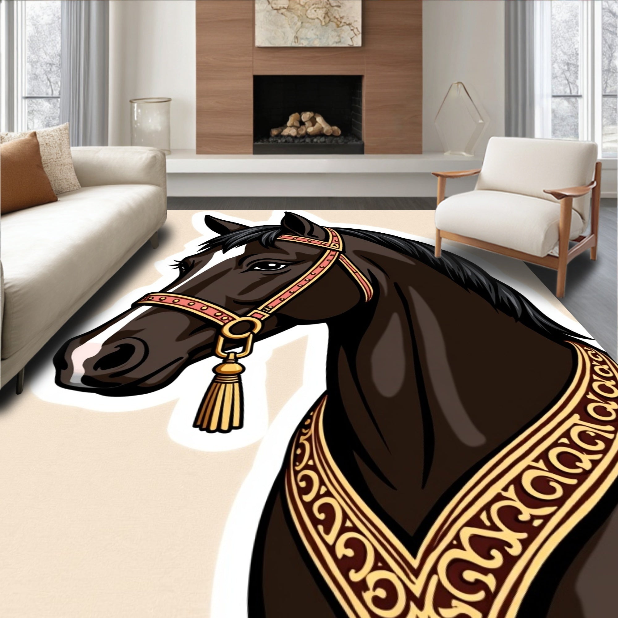 Elegant Brown Horse Golden Filigree Rug
