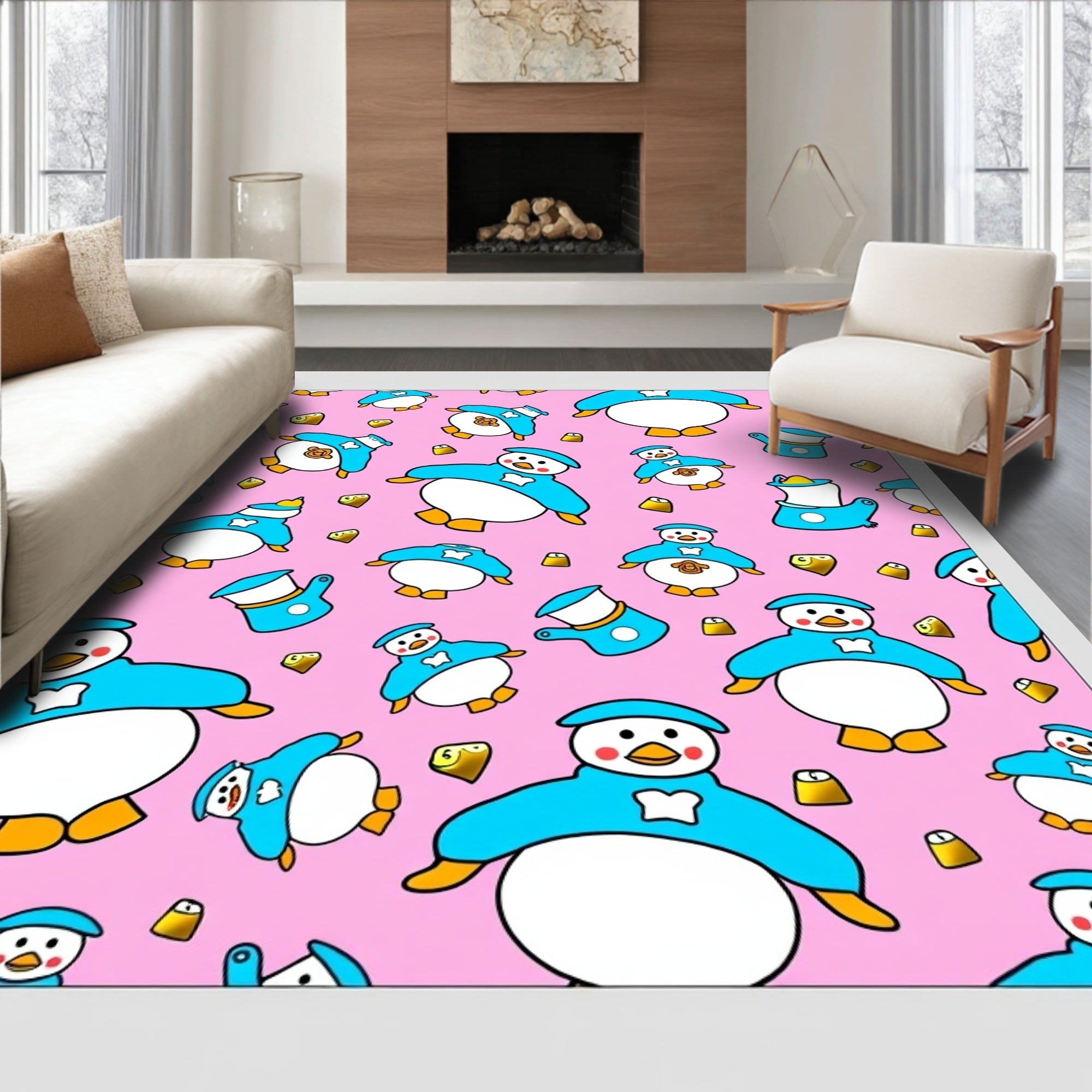 Charming Blue Penguin Pink Background Repeat Rug