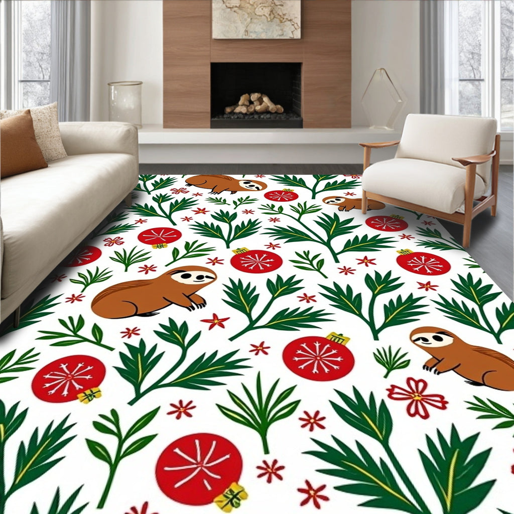 Festive Sloth Christmas Ornament Foliage Rug
