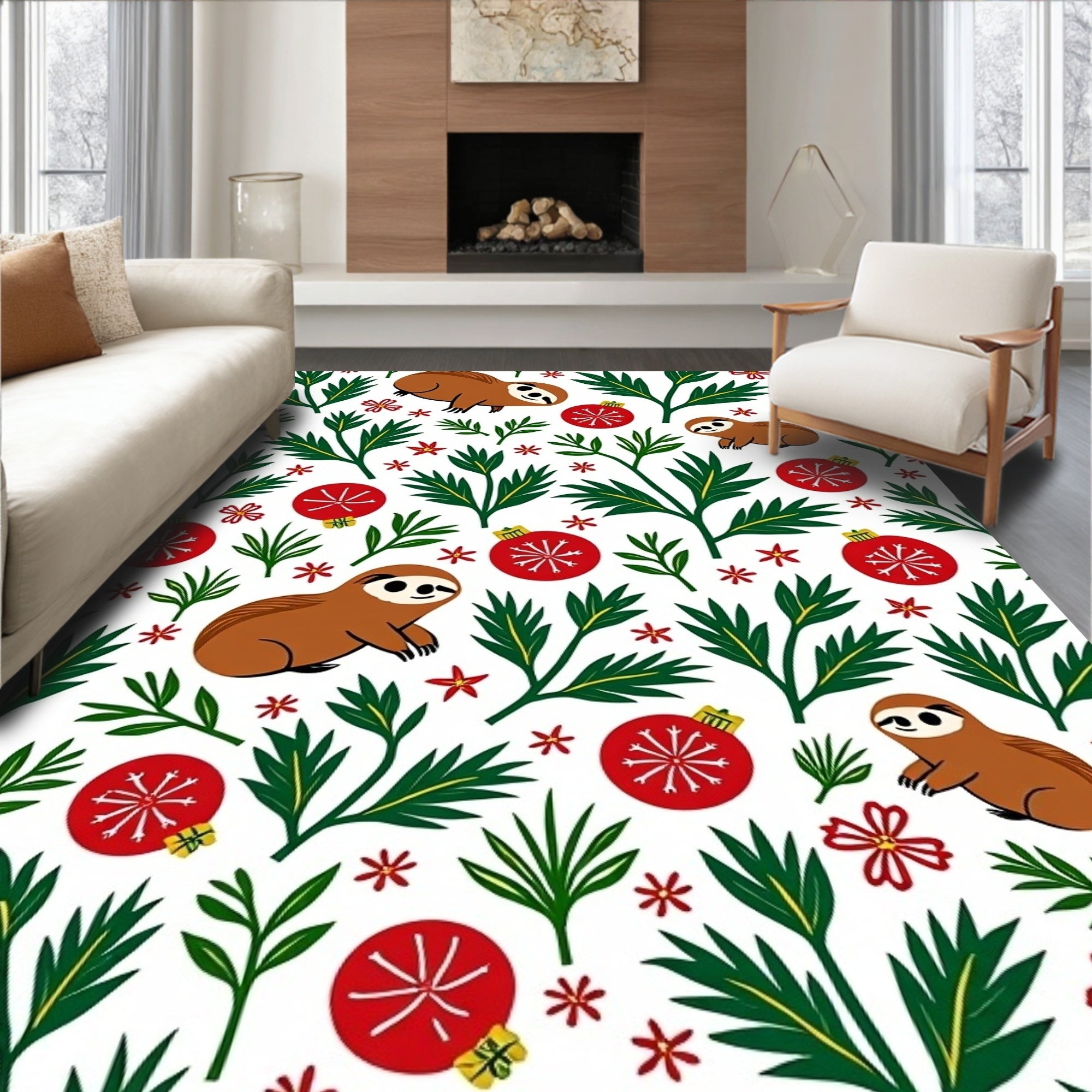 Festive Sloth Christmas Ornament Foliage Rug