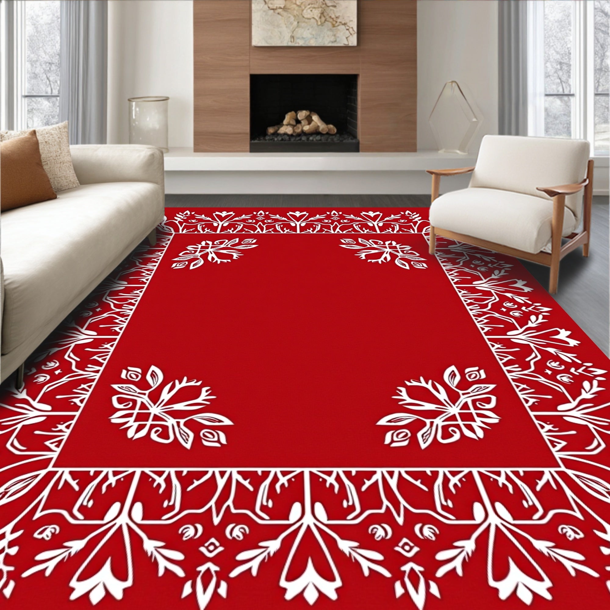 Crimson White Floral Border Medallion Rug