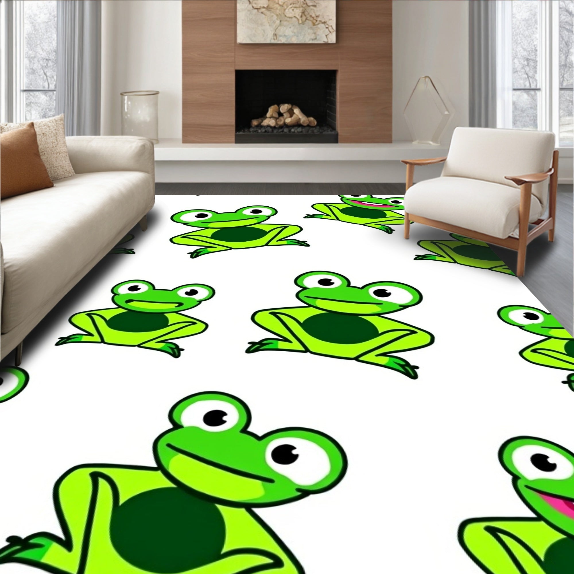 Playful Green Cartoon Frogs Repeating Rug