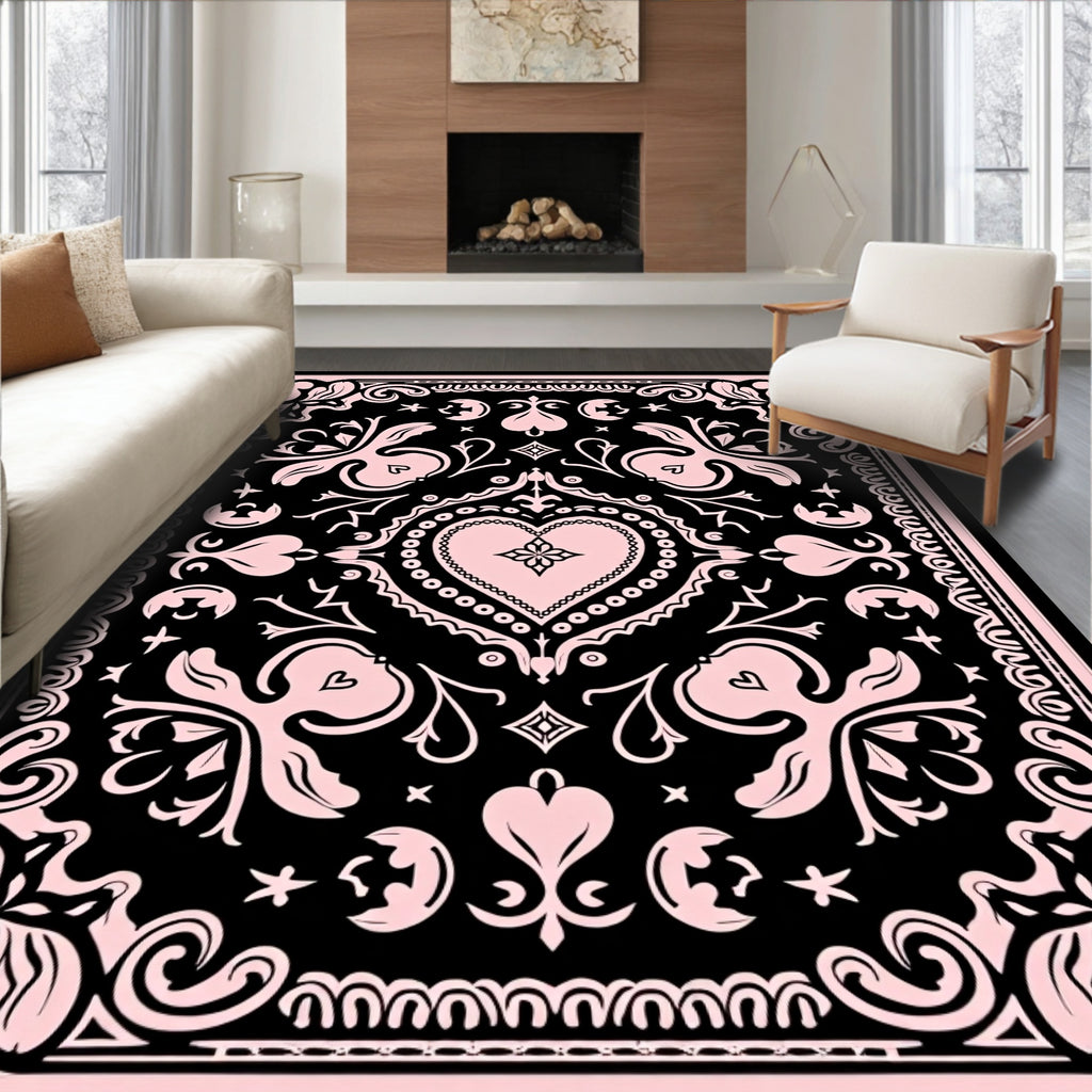 Pink Black Floral Heart Medallion Rug