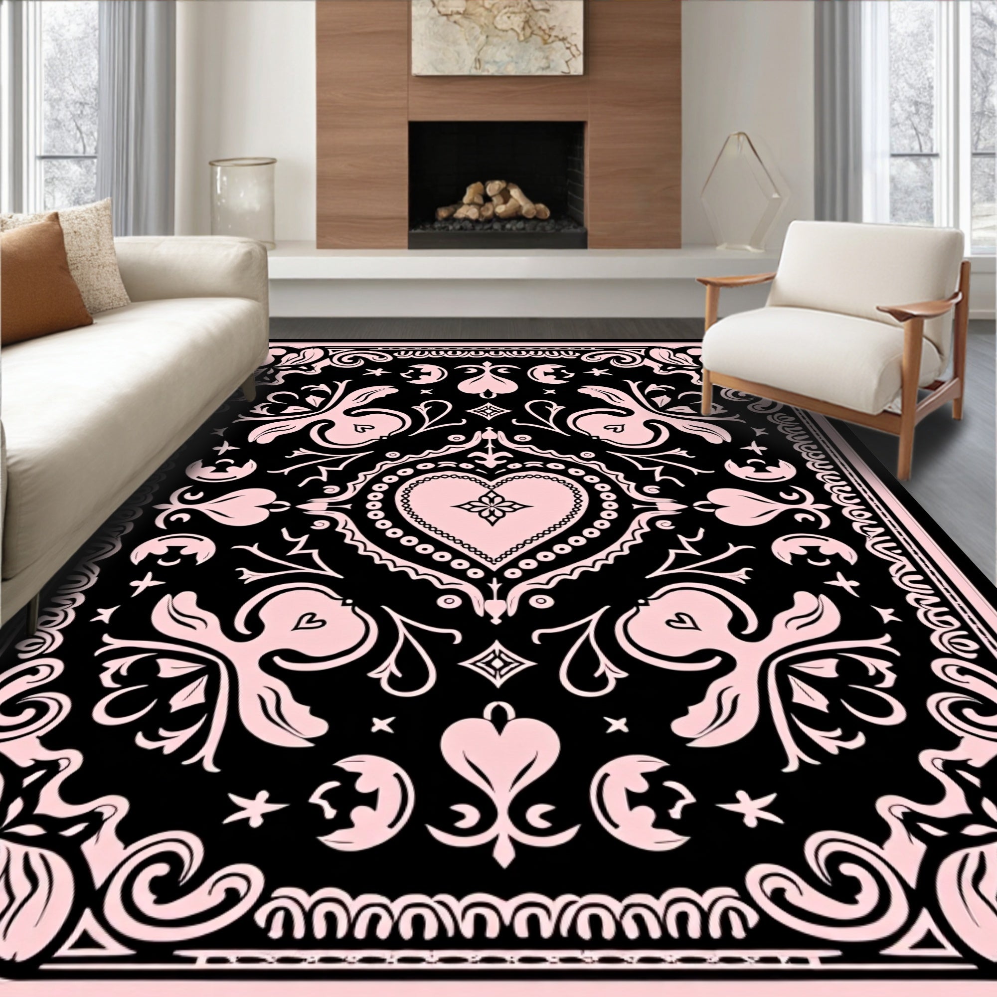 Pink Black Floral Heart Medallion Rug