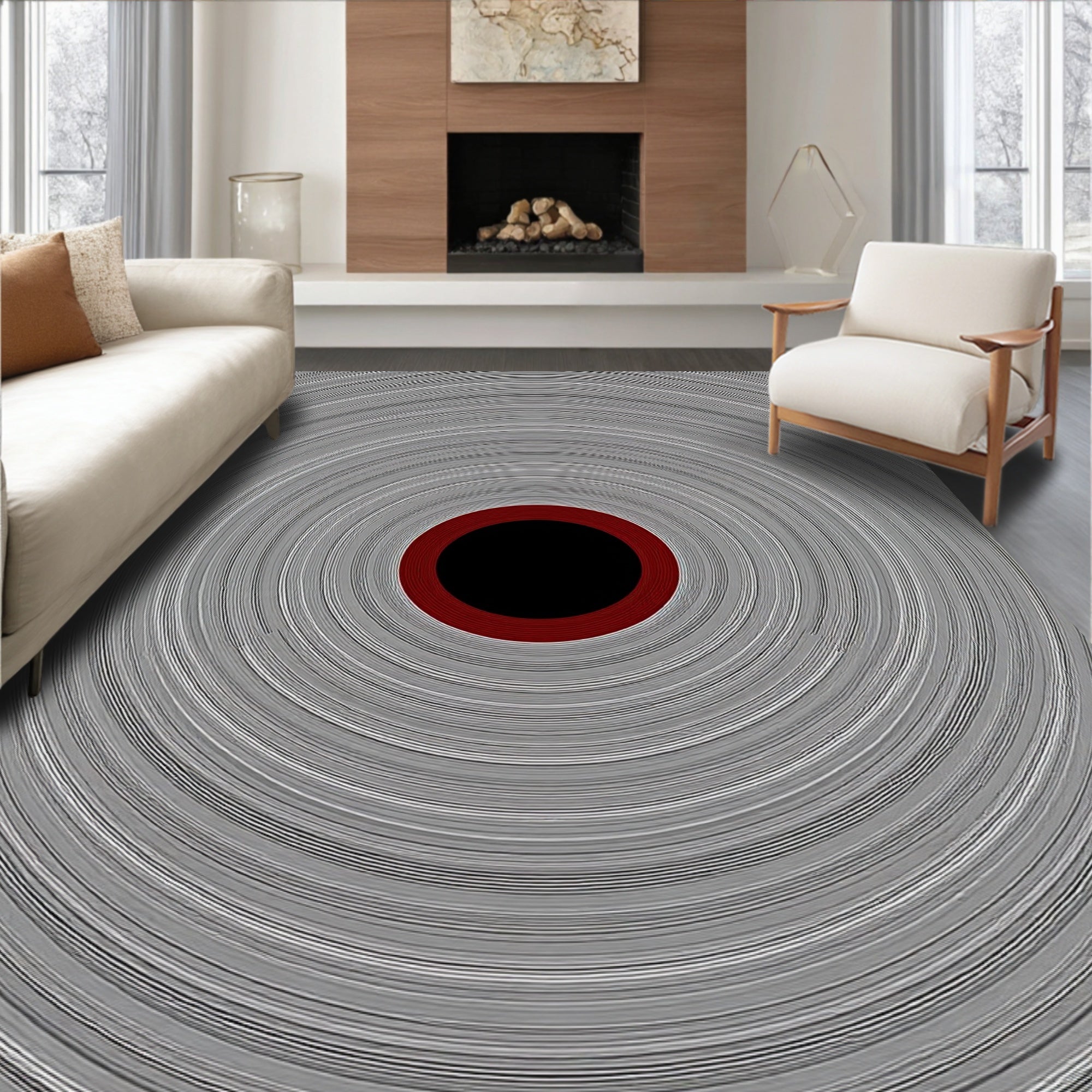 Concentric Circles Black Red Gray Rug