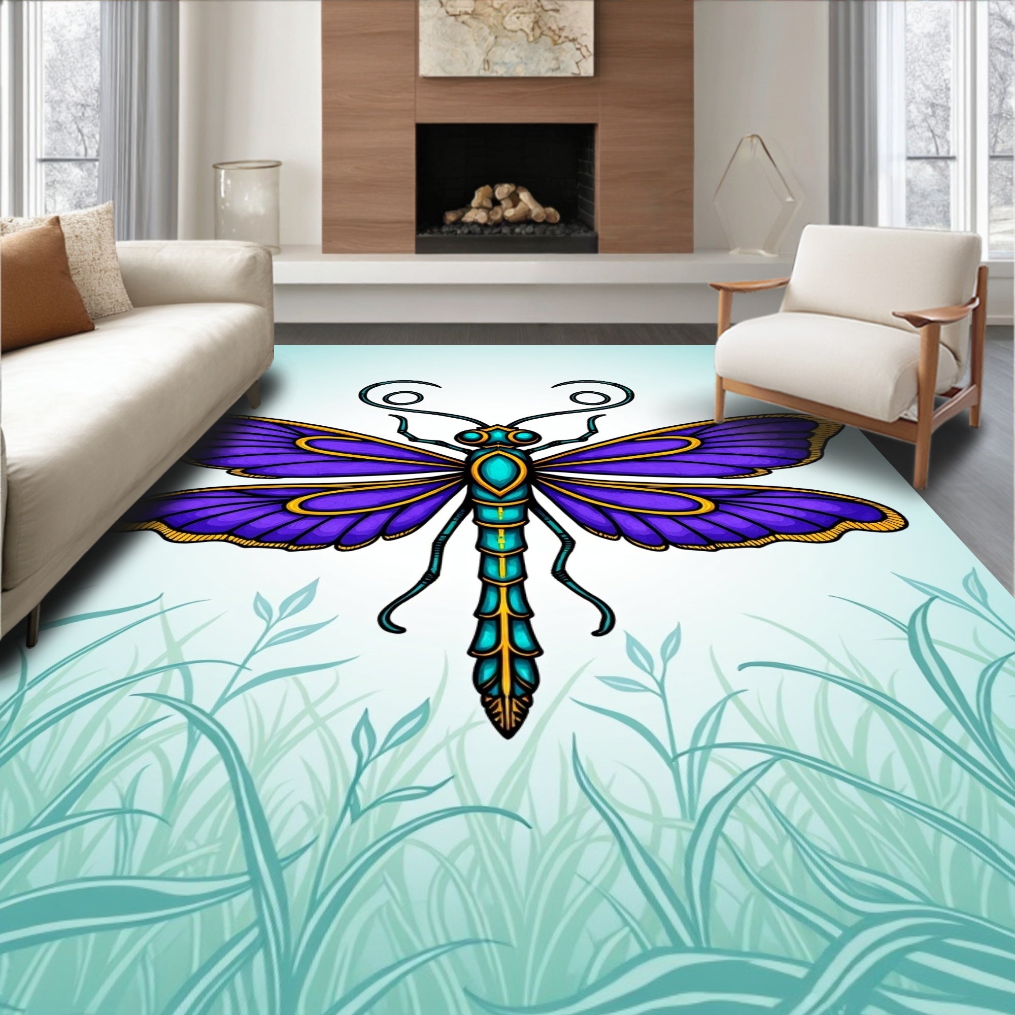 Vibrant Purple Dragonfly With Gold Accents Rug
