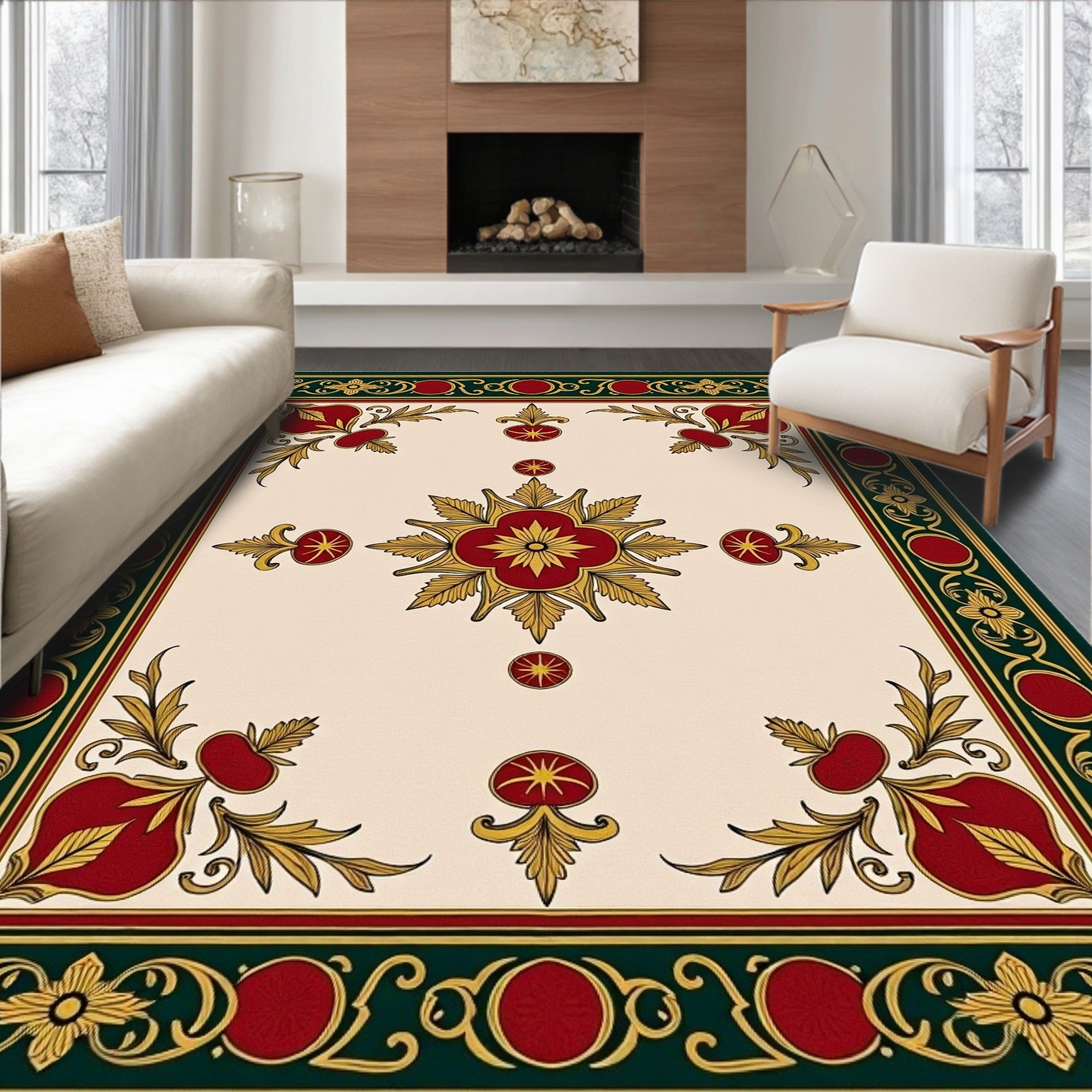 Crimson Gold Leaf Floral Centerpiece Rug