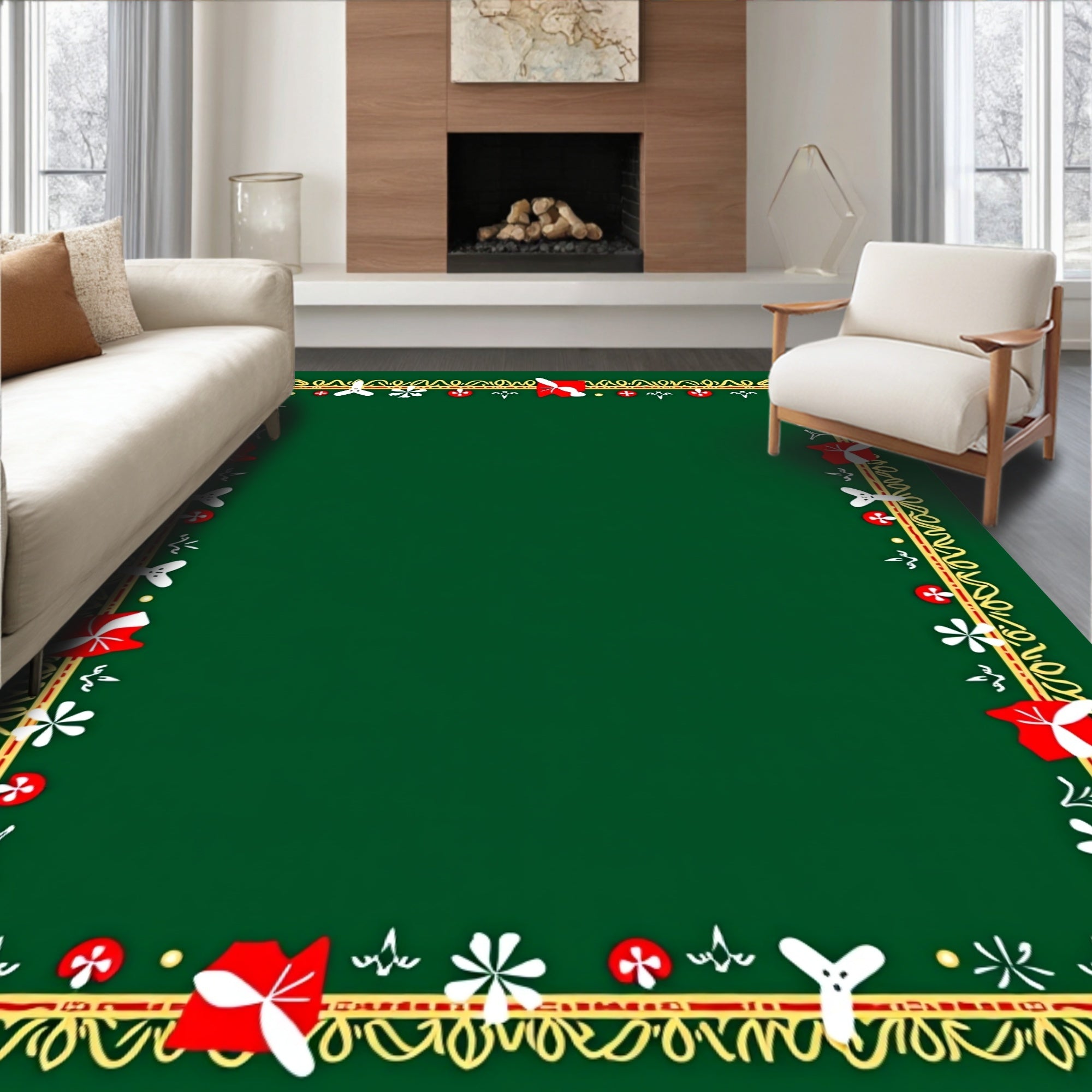 Emerald Green Red White Gilded Frame Rug