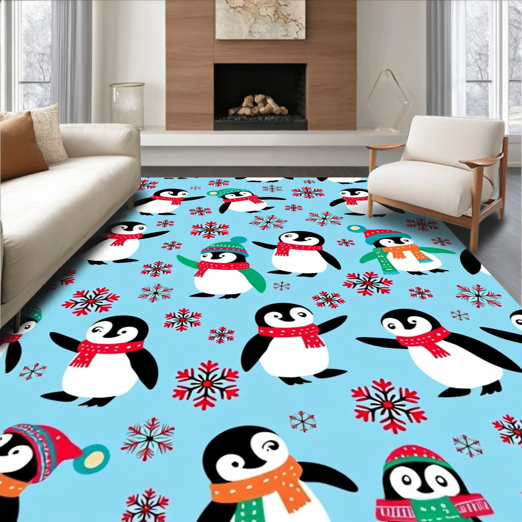 Charming Penguin Snowfall Scene Rug