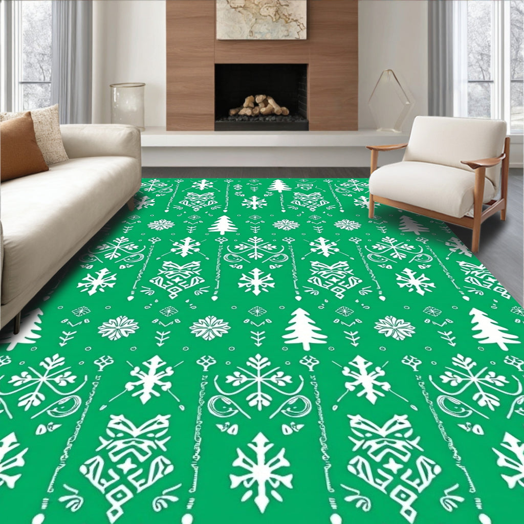 Emerald Green Winter Snowflake Christmas Trees Rug