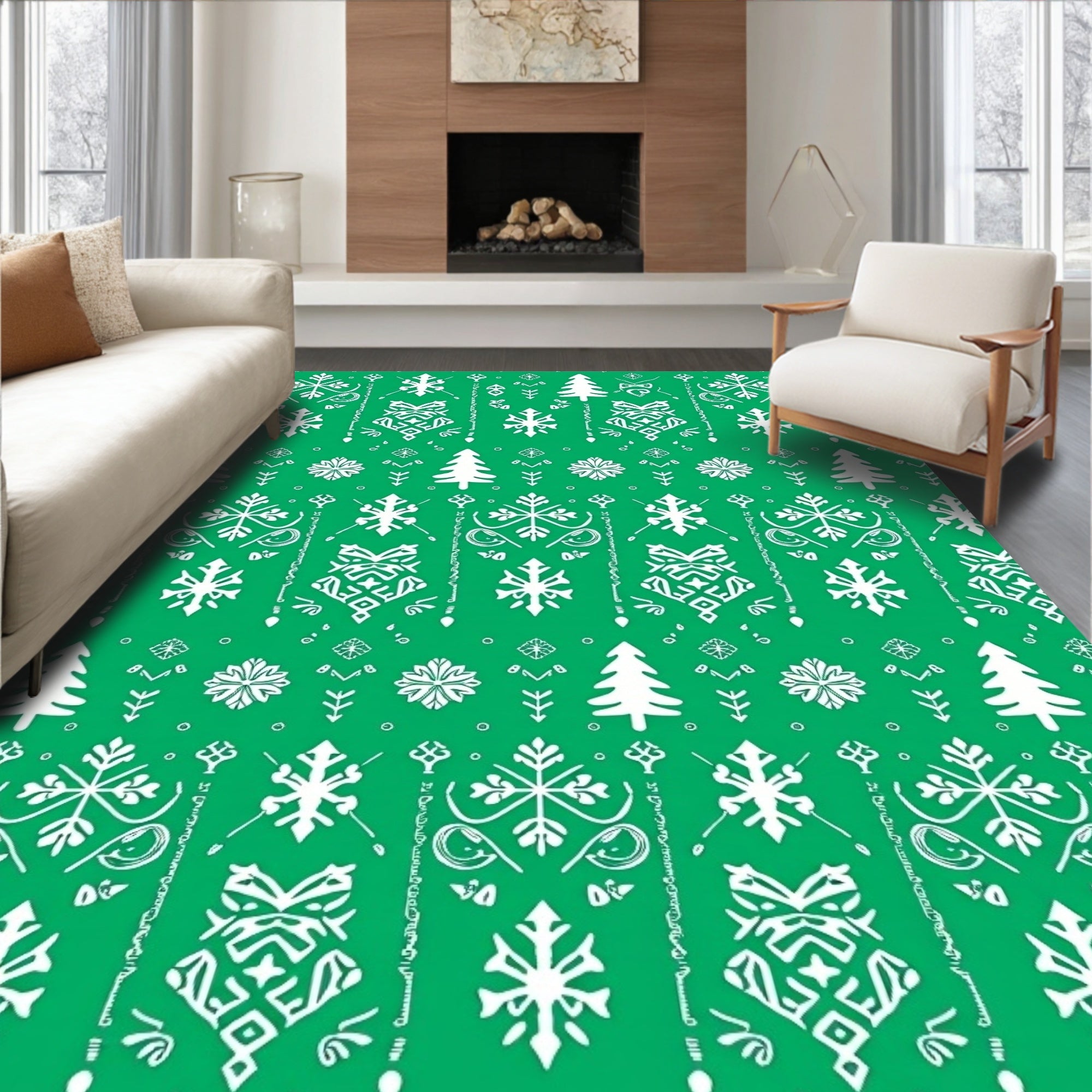 Emerald Green Winter Snowflake Christmas Trees Rug