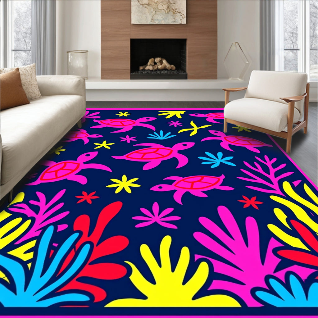 Bright Pink Sea Turtle Coral Scene Rug