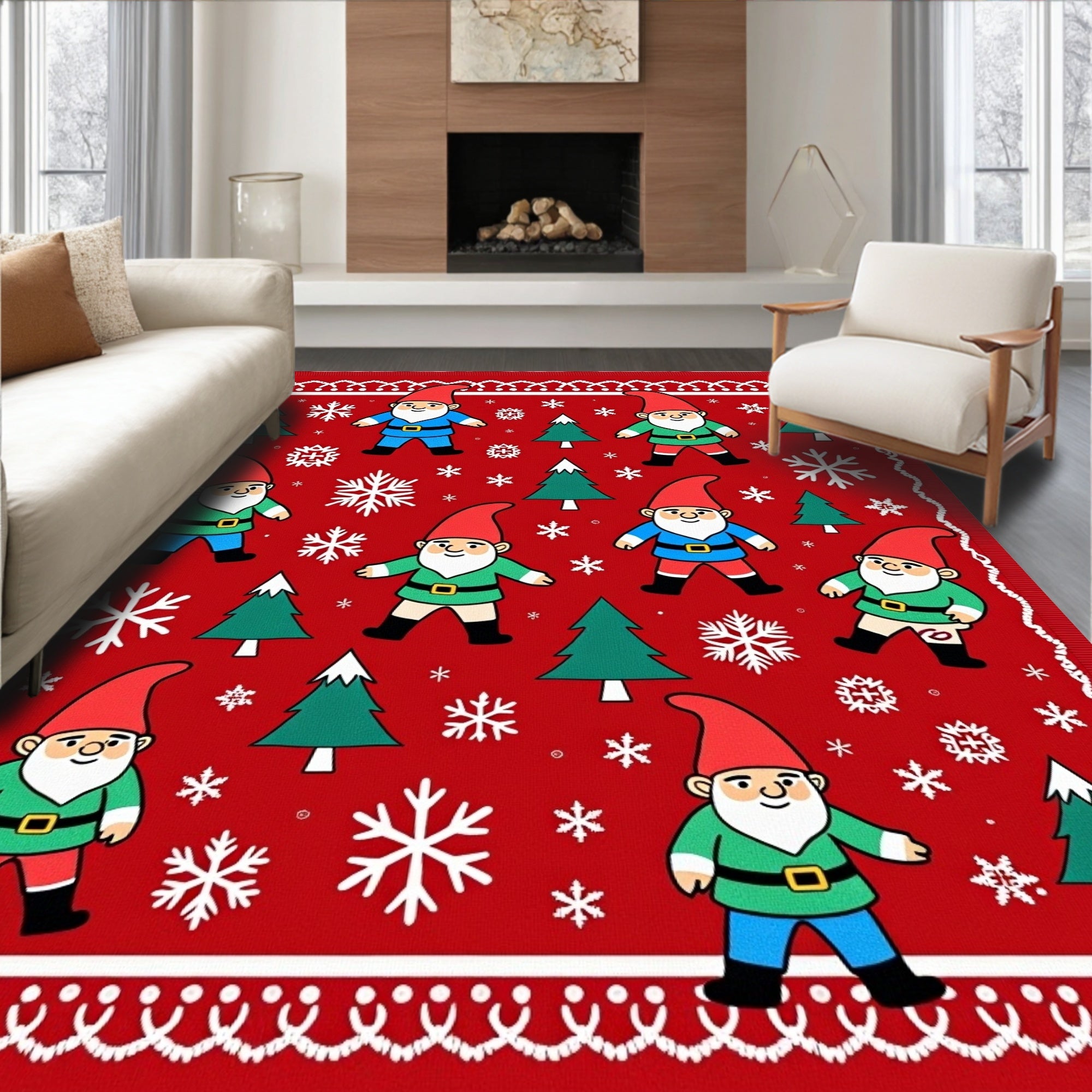 Gnomes And Snowflakes Christmas Red Rug