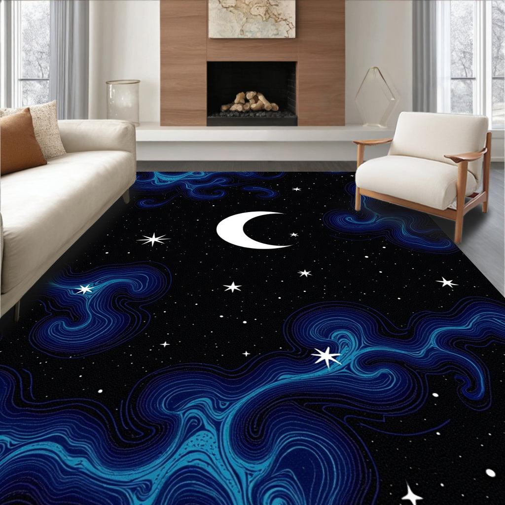 Celestial Blue Swirls Crescent Moon Rug