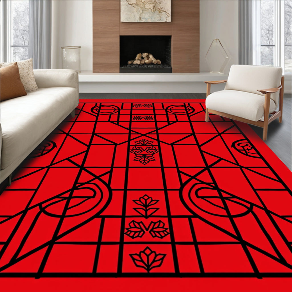Bold Crimson Geometric Bird Motif Rug