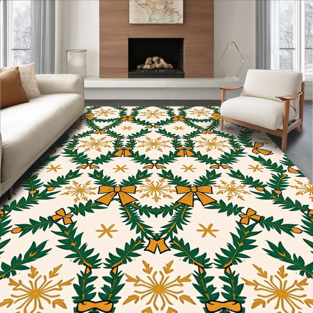 Festive Green Garland Gold Bow Snowflake Rug