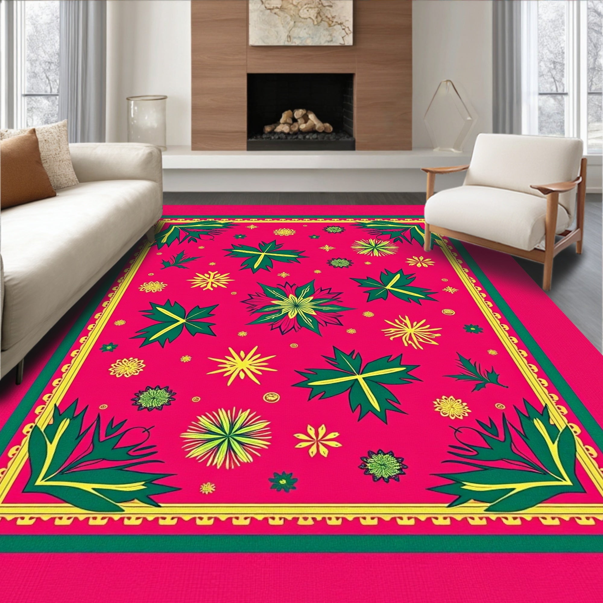 Vibrant Pink Green Floral Garden Rug