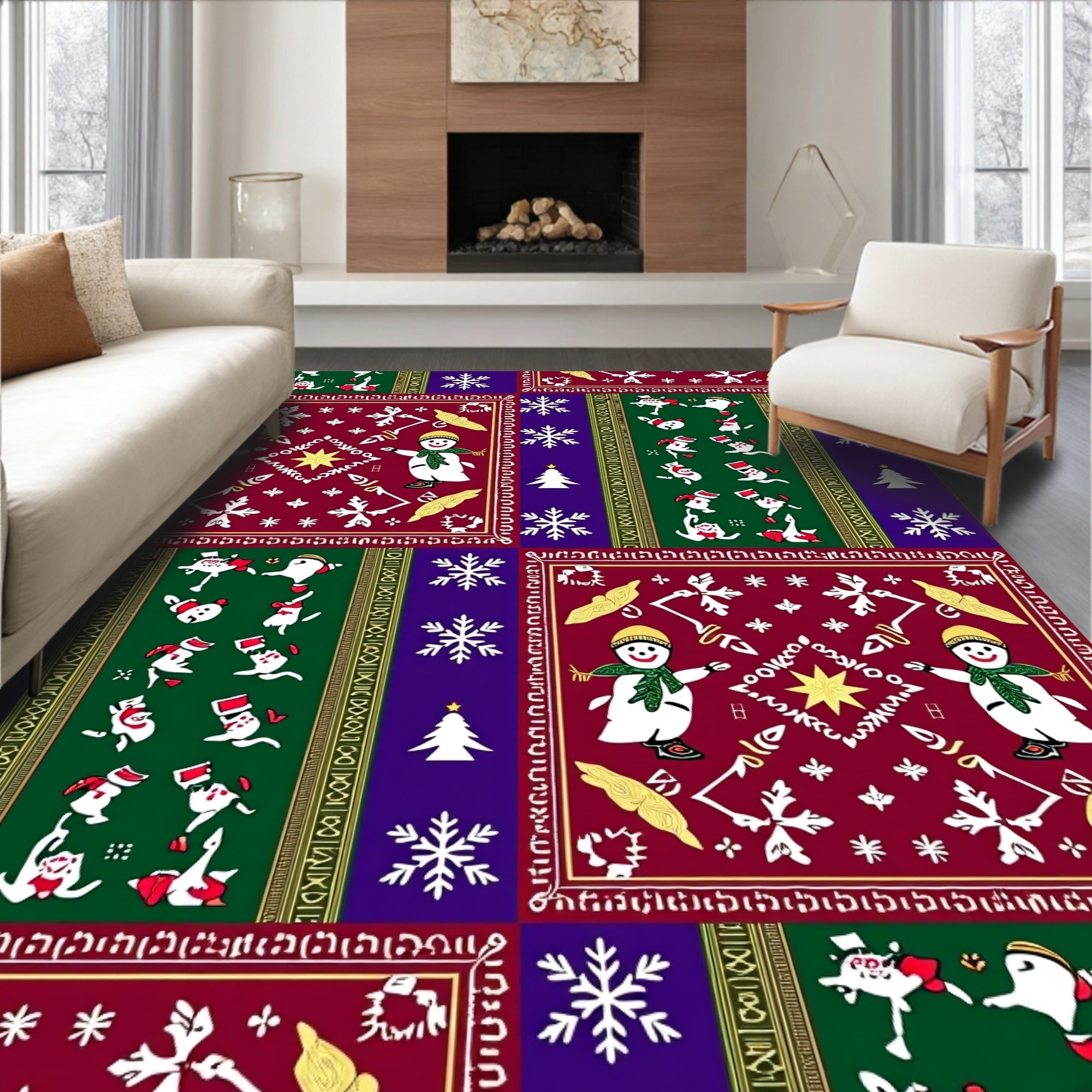 Festive Snowman Snowflake Christmas Rug